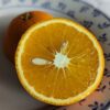 une orange fragola coupée en deux sur une assiette