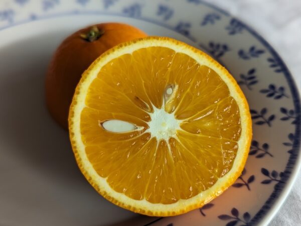 une orange fragola coupée en deux sur une assiette