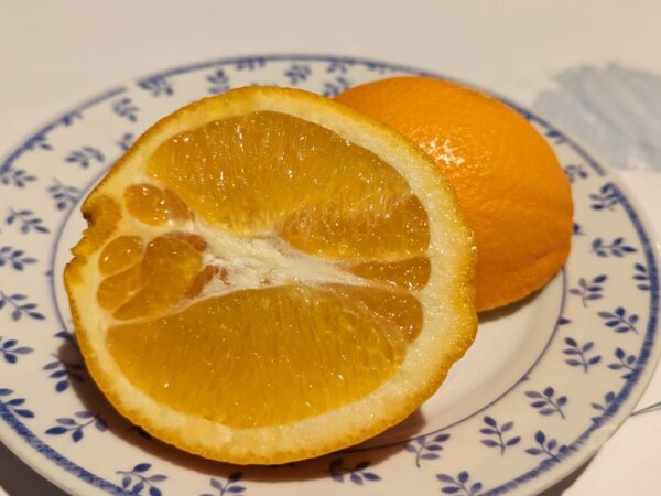 Une orange navel Washington coupé en deux sur une assiette