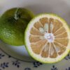 Un citrus yuko coupé en deux, un côté chair, un côté peau