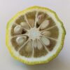 une moitié de oniyuzu côté chair avec des pépins